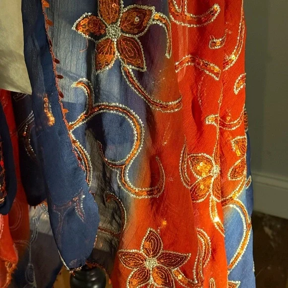 Floral Embroidered Scarf in Red and Blue Large 69”x 33” - Picture 10 of 13